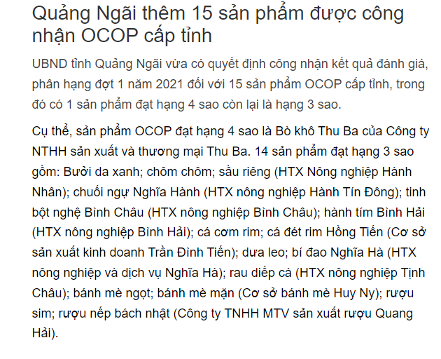 Quang Ngai them 15 san pham duoc cong nhan OCOP cap tinh - Giải pháp phát triển sản phẩm OCOP Quảng Ngãi